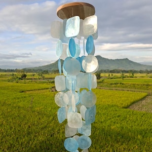 bohemian Wind chime white Blue Colored Natural Capiz Seashell - sounds relaxing - beach decor