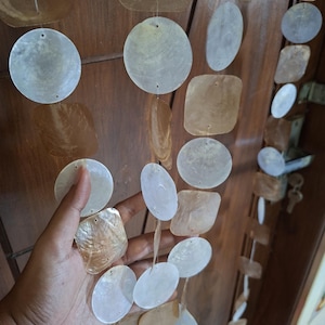May include: A decorative hanging mobile made of iridescent, shell-like pieces in various shapes, including circles, ovals, and squares. The pieces are strung together with thin, clear string. The mobile hangs in front of a dark brown wooden door.