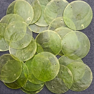 Könnte beinhalten: Eine Sammlung transluzenter, runder, grüner Muschelscheiben mit kleinen Löchern am Rand. Die Scheiben sind geschichtet und überlappen sich, wobei Farb- und Texturvariationen aufweisen. Die Muscheln haben ein natürliches, organisches Aussehen.