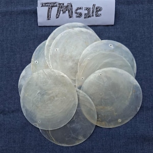 Pode incluir: Uma coleção de conchas redondas e iridescentes de madrepérola. Cada concha tem um brilho natural e perolado e um pequeno orifício perto da borda. As conchas estão dispostas sobre um tecido azul escuro. O texto "TM sale" está escrito num pedaço de papel.