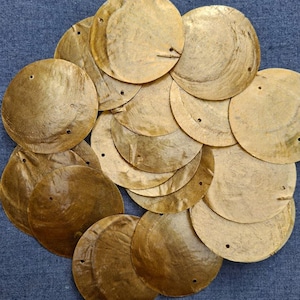 May include: A collection of round, golden-colored shell discs with small holes, possibly for crafting or jewelry. The discs have a natural, textured appearance and vary slightly in shade, creating a layered effect. The shells are arranged on a blue surface.
