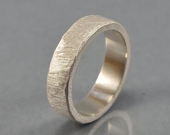 Mens Rustic Silver Wedding Band with Raw Brushed Texture Finish Matte, Personalize it for a Gift for Him, Wide 6mm