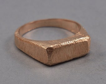 Mens Ancient Bronze Signet Ring with Raw Brushed Texture Finish Polished and Shape Geometric