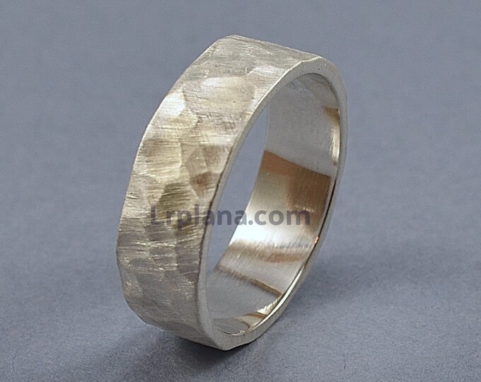 Hammered Silver Ring, Mens Rustic Silver Wedding Band, Custom Silver Ring Matte 6mm