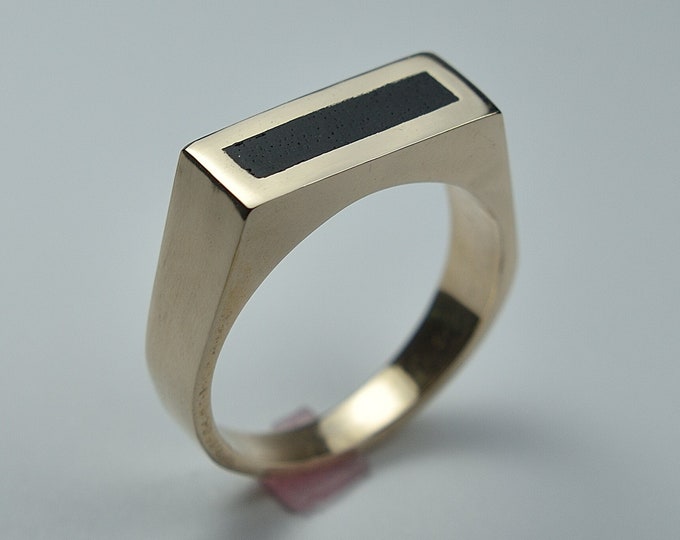 Mens Ebony Wood Inlay Ring, Vintage Brass Signet Ring, Solid Ring Finish Polished and Shape Geometric