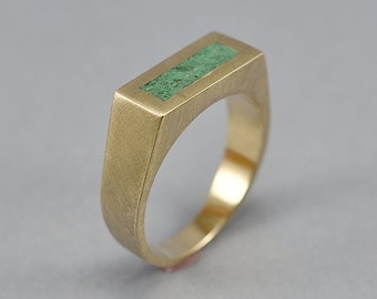 Vintage Malachite and Brass Ring for Men, Men's Green Malachite and Brass Geometric Ring, Malachite Inlay Brass Ring Matte Finish