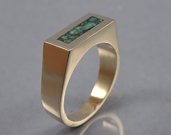 Mens Retro Rings, Mens Geometric Green Rings, Malachite Inlay Brass Ring, Polished Finish