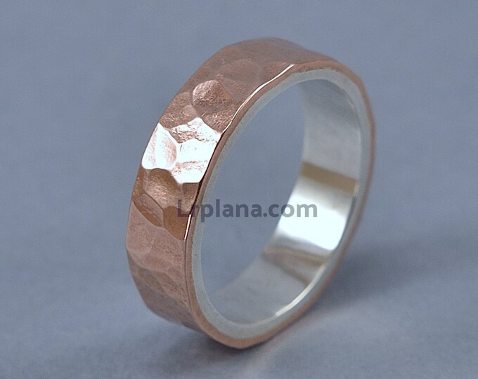 Mens Copper Silver Ring, Mens Copper Ring, Mens Hammered Copper Wedding Band, Hammered Copper Wedding Ring. Polished Ring 6mm