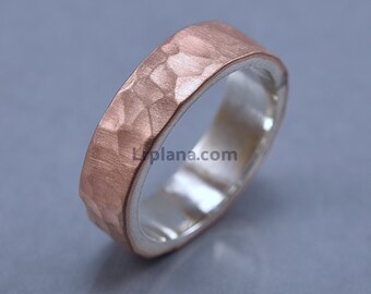 Minimalist Hammered Silver and Copper Wedding Ring. Customizable with Laser Engraving. Matte Finish and Vintage Appearance. For him & her