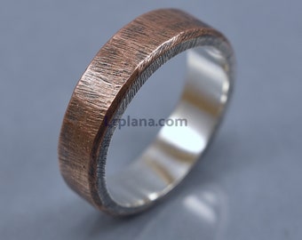Mens Antique Copper Silver Ring, Rustic Raw Brushed Copper Ring, Antique Copper Sterling Silver Wedding Band