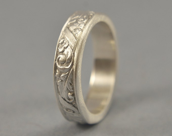 Vintage Floral Silver Wedding Band, Silver Art Nouveau Ring, Art Deco Floral Silver Ring. Matte Finish