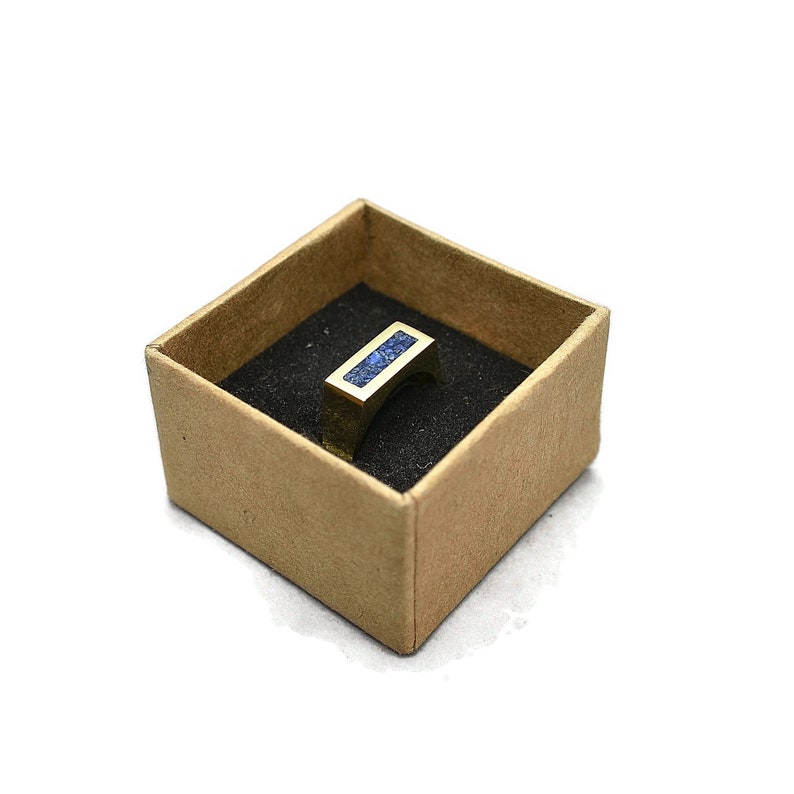 Modern Lapis Lazuli and Brass Ring Men Lapis Lazuli Inlay Brass Ring Polished Finish Mens Lapis Lazuli and Brass Geometric Ring