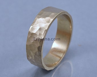 Mens Hammered Brass Ring, Rustic Hammered Golden Brass Wedding Band, Custom Engraved, Hammered Texture Matte Ring 6mm