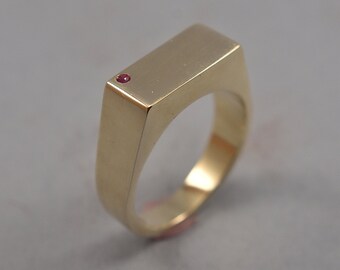 Men's Signet Ring With Ruby. Men's Custom Ring. Brass Signet Ring. Custom Ring With Ruby. Polished Finish
