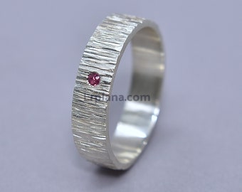 Men's Silver Tree Bark Ring with a Ruby. Rustic Natural Wedding Band Ring. July Ruby Ring Matte Finish