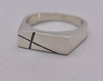 Men's Custom Line Silver Ring. Personalized Signet Silver Ring with Lines. Signet Polished Ring. Signet Ring for Men. Gift for Husband