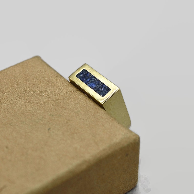 Modern Lapis Lazuli and Brass Ring Men Lapis Lazuli Inlay Brass Ring Polished Finish Mens Lapis Lazuli and Brass Geometric Ring