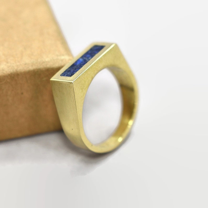 Modern Lapis Lazuli and Brass Ring Men Lapis Lazuli Inlay Brass Ring Polished Finish Mens Lapis Lazuli and Brass Geometric Ring