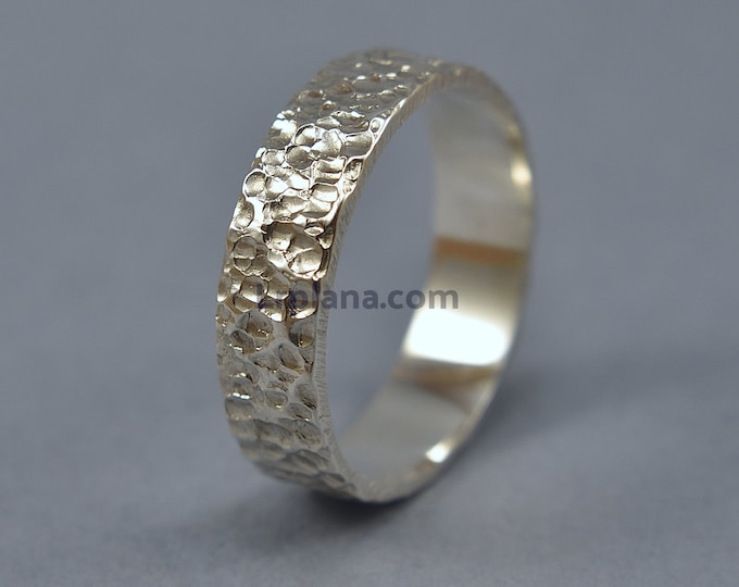 Silver Organic Wedding Band Ring for Men, Rustic Silver Wedding Ring, Custom Silver Meteorite Ring. Engraving Polished Ring 6mm