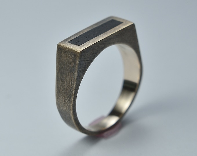 Mens Antique Brass Signet Ring, Ebony Wood Inlay Ring, Solid Ring Finish Oxidized and Shape Geometric