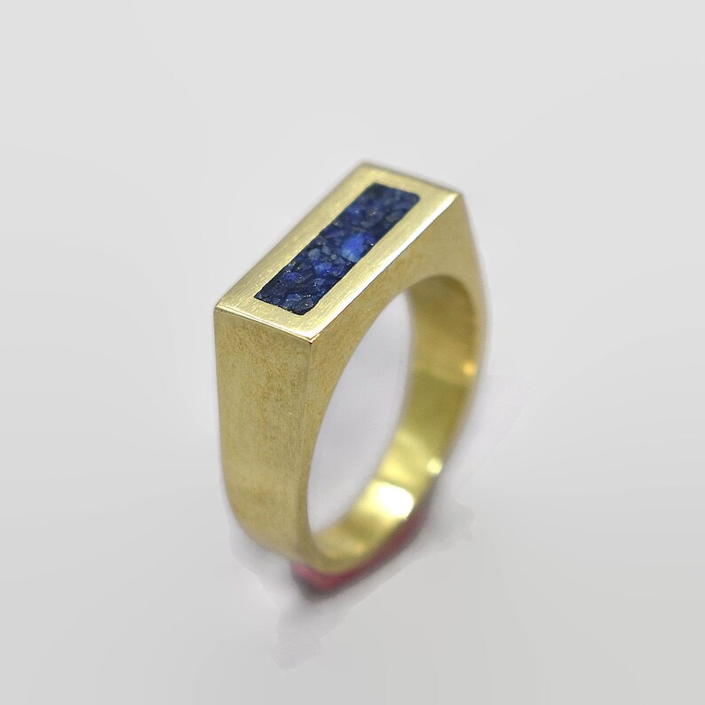 Modern Lapis Lazuli and Brass Ring Men Lapis Lazuli Inlay Brass Ring Polished Finish Mens Lapis Lazuli and Brass Geometric Ring