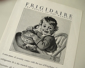 1928 Vintage Frigidaire Print Ad / Home Decor / Maud Tousey Fangel Illustration / Baby Infant High Chair / Ready To Frame / Paper Ephemera