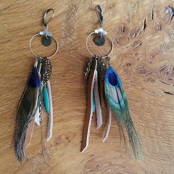 boucles d'oreilles bronze, plumes de paon