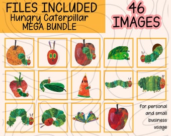 46 IMAGE BUNDLE The Very Hungry Caterpillar Clip Art Set | Transparent PNG Digital Download Eric Carle Children's Library Classroom Party