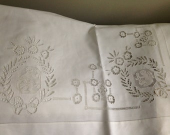 Two Embroidered Percale Pillow Covers in Traditional Italian Style