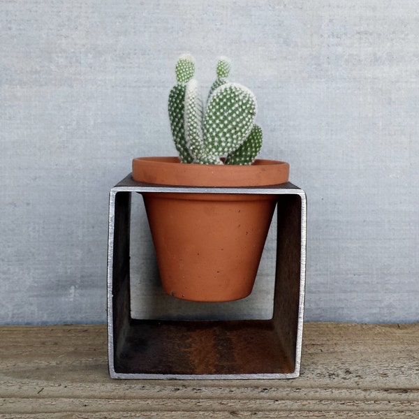 Square 4" x4" Modern Block Planter - Modern Steel Metal Planter w/ Pot - Indoor Outdoor Succulent and Herb Garden