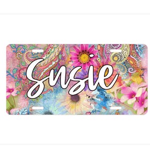 Colorful Boho License Plate, Flower Car Tag, Custom License Plate, Bohemian Car Accessory, Floral Plate Decor