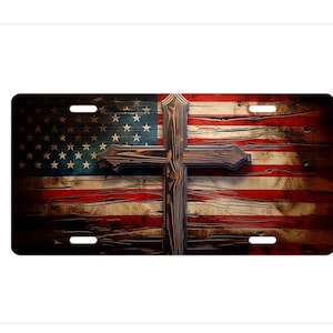 American Flag with Wooded Cross License Plate, Patriotic Car Decor, USA Flag Plate, Vehicle Accessory, Auto Gift