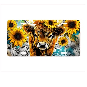 Highland Cow License Plate, Western Car Accessory, Sunflower Design, Cow Decor, Rustic Gift, Unique Vehicle Plate