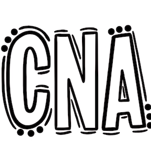 May include: Black and white illustration of the letters CNA with a decorative border around the letter C.