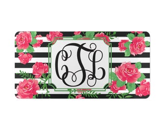 Plaque de vanité florale personnalisée, plaque d'immatriculation personnalisée, décoration de voiture, cadeau pour elle, étiquette de voiture monogrammée