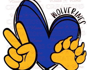 May include: A blue heart with the word "WOLVERINES" written in black. The heart is surrounded by a peace sign and a paw print, both in yellow.