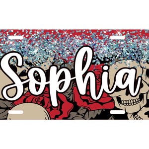 May include: A red, white, and blue glitter background with a skull and rose design. The name "Sophia" is written in white cursive letters.