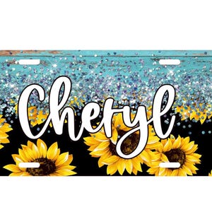 Sunflower Car Plate with Glitter, Personalized License Plate, Floral Vehicle Tag, Sparkling Sunflower Plate
