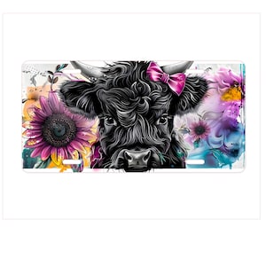 Highland Cow License Plate with Flowers, Cute Car Plate, Floral Auto Decor, Cow Gift, Car Accessory, Plate Cover