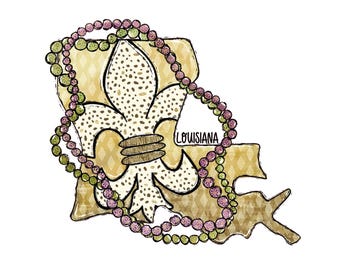 Louisiana State Outline PNG: Fleur-de-lis & Mardi Gras Beads (Digital Download)