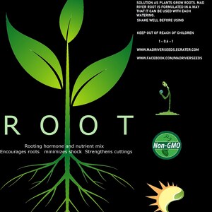 May include: Green plant with the word "ROOT" in white letters. The text below reads "Rooting hormone and nutrient mix" and "Encourages roots minimizes shock Strengthens cuttings". The image also includes the text "MAD RIVER" and "Non-GMO" in green circles.