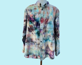 Upcycled distressed flannel shirt.  Color removed then added. Size Large Mens . Ice dyed. Multicolored cool for school
