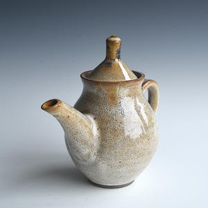 Op de afbeelding: Een keramische theepot met een rond lichaam en een puntig deksel. Het oppervlak heeft een gespikkeld glazuur met een mix van aardse bruine, beige en gebroken witte tinten. De pot heeft een gebogen handvat en een korte, schuine tuit.