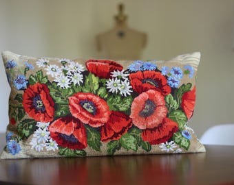 Large Vintage Poppy Needlepoint Pillow / Needlepoint Poppy Pillow / Red Poppy Pillow / Large Floral Needlepoint pillow / Blue Floral Pillow