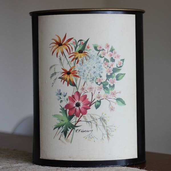 Vintage Floral Trash Can / Floral Waste Basket / Formal Trash Can / Black Metal Trash Can / Floral Decor / Floral Wallpaper Trash Can