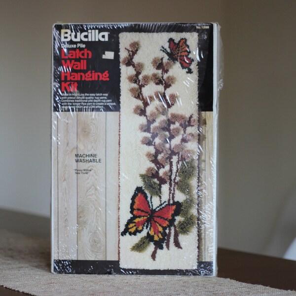 Large Vintage Bucilla Pussy Willow Latch Wall Hanging Kit New in Box / Butterfly Latch Hook / 15 x 48 Latch Wall Hanging / Bucilla 12899 Kit