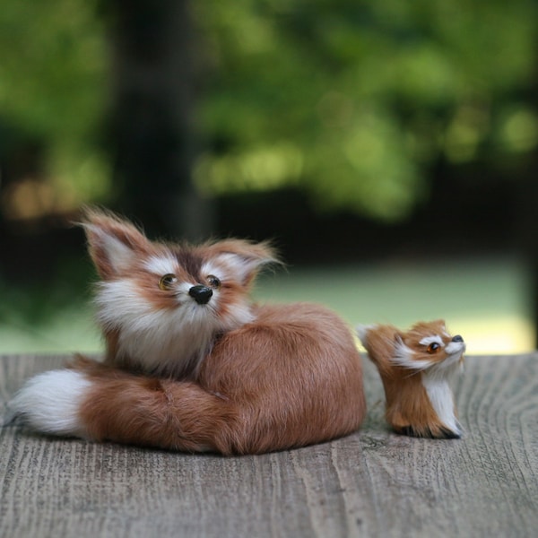 RESERVED for Carol - Small Vintage Stuffed Fox Figurines / Mama and Baby Fox Figurines / Rabbit Hair Foxes / Fox Collection / Fox Gift /