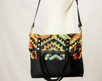 Large tote bag. Three-way convertible. Unisex.  Aztec design multi-color. Genuine leather straps adjustable.