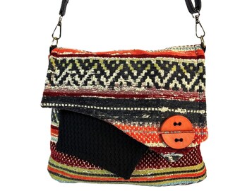 Crossbody Boho Multi-color Unique Diagonal Front Flap Multiple Textures Decorative Buttons