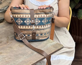Kilim Bucket Crossbody Bag: Turkey Fabric, Leather Strap